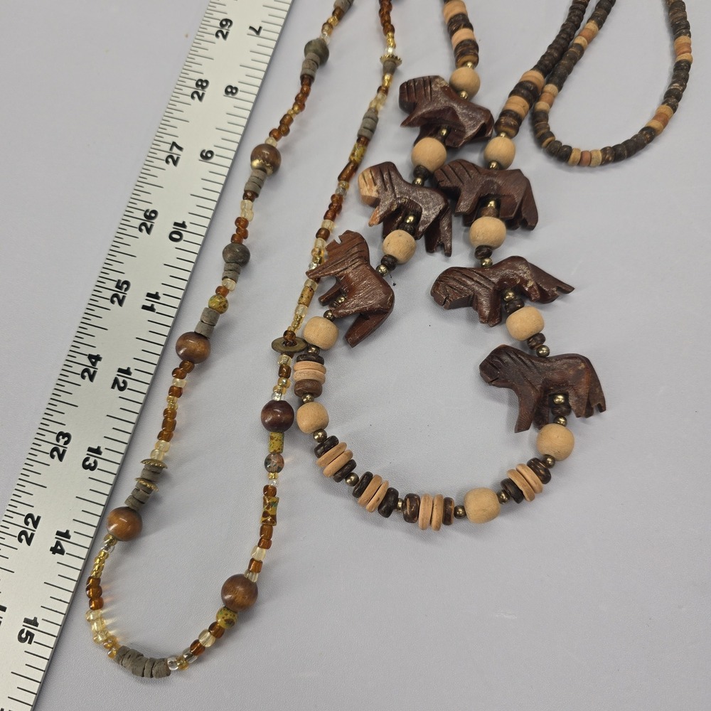 Hand Carved Wood Lion Bead Layered Necklace Brown Tan Earthy Boho Safari Style - Picture 4 of 5